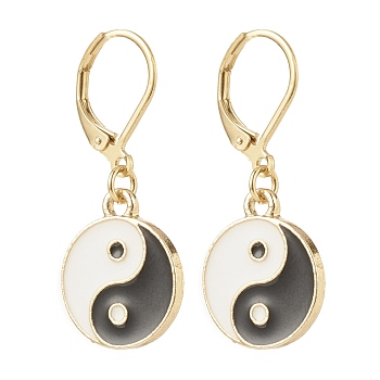 Flat Round with Yin Yang Alloy Enamel Dangle Leverback Earrings, Brass Jewelry for Women, Golden, Black, 33mm, Pin: 0.7x0.9mm