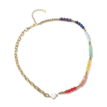 Natural Mixed Gemstone Beaded Necklace with Enamel Heart, Chakra Yoga Theme Jewelry for Women, Golden, 20.67 inch(52.5cm)