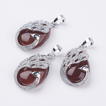 Natural Carnelian Pendants, with Brass Finding, Teardrop with Peacock, Platinum, 33x20x10.5mm, Hole: 5x6.5mm
