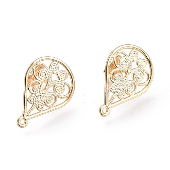 Brass Stud Earring Findings,  with Ear Nuts, Earring Backs, Teardrop with Leaf, Real 18K Gold Plated, 20.5x15x0.6mm, Hole: 1mm, Pin: 0.9mm