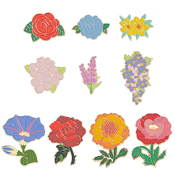 10Pcs 10 Style Birth Flower Enamel Pins, Golden Alloy Brooch for Backpack Clothes, Flower Pattern, 28~45x27~37.5x1.5mm, 1Pc/style