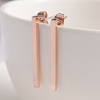 304 Stainless Steel Stud Earrings, Hypoallergenic Earrings, Rectangle, Rose Gold, 15x2mm, Pin: 0.8mm
