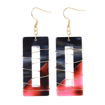Cellulose Acetate(Resin) Dangle Earrings, with Eco-Friendly Copper Wire and Brass Earring Hooks, Rectangle, Colorful, 74mm, Pin: 0.6mm