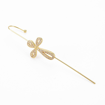 Bowknot Stud Earring, Brass Micro Pave Cubic Zirconia Ear Wrap Crawler Hook Earrings, Earcuffs for Her, Nickel Free, Real 16K Gold Plated, 70mm, Pin: 1mm