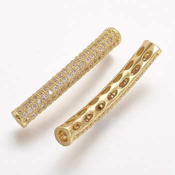 Brass Micro Pave Cubic Zirconia Tube Beads, Tube, Curved, Clear, Golden, 31.5x4.2mm, Hole: 2mm