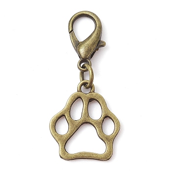 Alloy Pendant Decorations, with Zinc Alloy Lobster Claw Clasps, Cadmium Free & Lead Free, Bear Paw Prints, Antique Bronze, 36mm