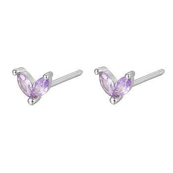 Silver 925 Sterling Silver Micro Pave Cubic Zirconia Stud Earrings, Leaf, Lilac, 5.5mm