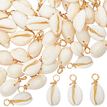 100Pcs Natural Cowrie Shell Dyed Pendants, with Brass Wire Loops, Shell Shape Charms, Golden, 22x11x8mm, Hole: 2.8mm