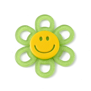 Acrylic Cabochons, with Glitter Powder, Flower with Smiling Face, Lawn Green, 37x4.5mm