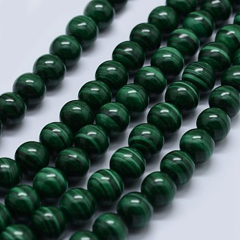 Natural Malachite Beads Strands, Grade AA, Round, 10mm, Hole: 0.8mm, about 40pcs/strand, 15.5 inch(39.5cm)