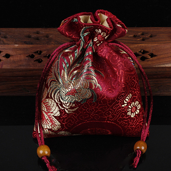 Chinese Style Flower Pattern Satin Jewelry Packing Pouches, Drawstring Gift Bags, Rectangle, Dark Red, 14x11cm