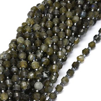 Natural Larvikite Beads Strands, with Seed Beads, Faceted, Bicone, Double Terminated Point Prism Beads, 5~7x6mm, Hole: 0.8mm, about 48pcs/strand, 15.55 inch(39.5cm)