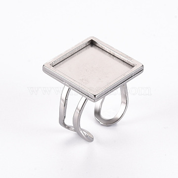 201 Stainless Steel Cuff Pad Ring Settings, Laser Cut, Square, Stainless Steel Color, Tray: 16x16mm, US Size 7 1/4(17.5)~US Size 8(18mm)(STAS-S080-041D-P)