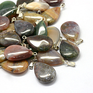Teardrop Natural Indian Agate Pendants, with Platinum Tone Brass Findings, 25~29x16~17x5~6mm, Hole: 2x7mm(G-Q368-02)