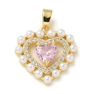 Brass Micro Pave Cubic Zirconia Pendants, with Plastic Imitation Pearl, Real 14K Gold Plated, Heart Charms, Pearl Pink, 18.5x18x4.5mm, Hole: 5x3mm(KK-U046-10G-02)