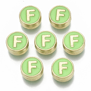 Alloy Enamel Beads, Cadmium Free & Nickel Free & Lead Free, Flat Round with Initial Letters, Light Gold, Letter.F, 8x4mm, Hole: 1.5mm(ENAM-S122-028F-NR)