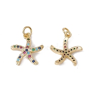 Brass Micro Pave Colorful Cubic Zirconia Pendants, with Jump Ring, Cadmium Free & Nickel Free & Lead Free, Rack Plating, Starfish, Real 18K Gold Plated, 16.5x15x3mm, Hole: 3mm(KK-G439-20G)