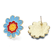 Alloy Enamel Stud Earring Findings, with Iron Pins and Horizontal Loops, Cadmium Free & Nickel Free & Lead Free, Flower, Light Gold, Deep Sky Blue, 24x23mm, Hole: 1.6mm, Pin: 0.7mm(PALLOY-N155-112)