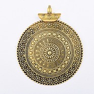 Flat Round Tibetan Style Big Pendants, Antique Golden, 70x58x8mm, Hole: 5mm(PALLOY-A065-05AG)
