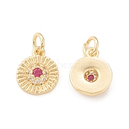 Eco-Friendly Brass Micro Pave Cubic Zirconia Charms, with Jump Ring, Lead Free & Cadmium Free, Long-Lasting Plated, Flat Round with Sun Charm, Real 18K Gold Plated, 11.5x9.5x2.5mm, Hole: 3.5mm(KK-I698-35G)