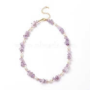 Natural Amethyst Chips & Pearl Beaded Necklace, Gemstone Jewelry for Women, 15.35 inch(39cm)(NJEW-JN04008-03)