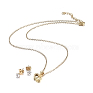 Valentine's Day 304 Stainless Steel Rhinestone Jewelry Sets, Heart with Heart Pendant Necklaces and Stud Earrings, Cable Chains, Lobster Claw Clasps and Ear Nuts, Crystal, Golden, 18.11 inch(46cm), 15x5.5mm, Pin: 0.7mm(SJEW-H301-20G)