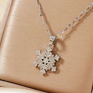 Christmas Snowflake Brass Cubic Zirconia Pendant Necklaces, Simple and Elegant, Platinum, 15.75 inch(40cm)(BF5591-2)