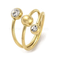 Round Ball 304 Stainless Steel Cuff Ring, with Rhinestone, Golden, US Size 7(17.3mm)(RJEW-C036-03F-G)