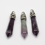 Bullet Natural Amethyst Pointed Pendants, with Platinum Plated Brass Findings, 34~45x8~10mm, Hole: 3mm(G-F290-01L)