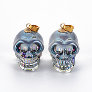 Electroplate K9 Glass Pendants, with Golden Plated Brass Bails, Skull, Halloween, Silver, 25x26~27x19mm, Hole: 5x3mm(EGLA-N009-001-A01)