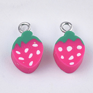 Handmade Polymer Clay Pendants, with Iron Findings, Imitation Food, Strawberry, Platinum, Deep Pink, 16x9x4.5mm, Hole: 1.8mm(X-CLAY-S091-90)