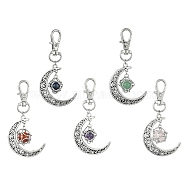 Natural Gemstone Pouch Pendant Decorations, Tibetan Style Alloy Hollow Moon and Swivel Lobster Claw Clasps Charm, Antique Silver, 73mm(HJEW-JM01732)