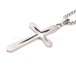 Cross 201 Stainless Steel Pendant Necklaces, Box Chains, Stainless Steel Color, 23.19 inch(58.9cm)(NJEW-F320-02P)