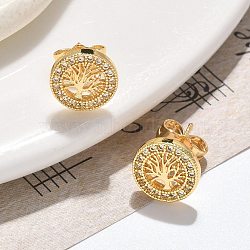 Brass Micro Pave Clear Cubic Zirconia Stud Earrings, Long-Lasting Plated, Real 18K Gold Plated, Tree, 10.5mm(EJEW-D305-12G)