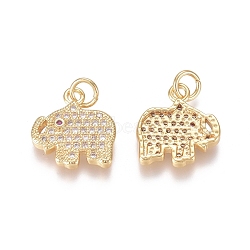 Brass Micro Pave Clear Cubic Zirconia Charms, with Jump Rings, Elephant, Golden, 13.5x12.5x2mm, Jump Ring: 4.5x0.7mm, Inner Diameter: 3mm(ZIRC-I036-12G)