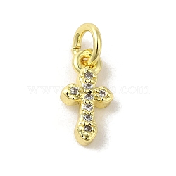 Brass Micro Pave Cubic Zirconia Charms, Real 18K Gold Plated, Cross Charms, Clear, 11.5x6x2mm, Hole: 3mm(KK-M283-20F-01)