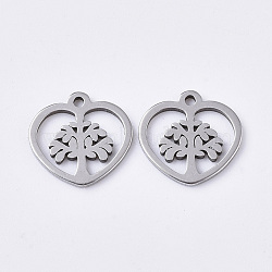 201 Stainless Steel Charms, Heart with Tree of Life, Stainless Steel Color, 10x10x1mm, Hole: 1mm(STAS-T050-021P)