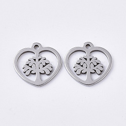 Non-Tarnish 201 Stainless Steel Charms, Heart with Tree of Life, Stainless Steel Color, 10x10x1mm, Hole: 1mm(STAS-T050-021P)