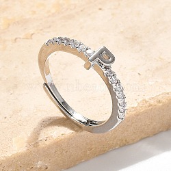 S925 Sterling Silver Adjustable Letter Rings for Women, with Micro Pave Cubic Zirconia, Letter P, 2mm,US Size 5 1/2(16.1mm), Letter: 5x4mm(RJEW-M068-01P-P)