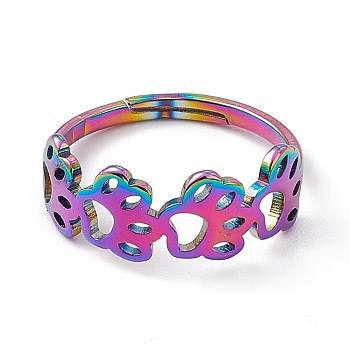 Ion Plating(IP) 201 Stainless Steel Hollow Out Dog Paw Prints Adjustable Ring for Women, Rainbow Color, US Size 6 1/4(16.7mm)