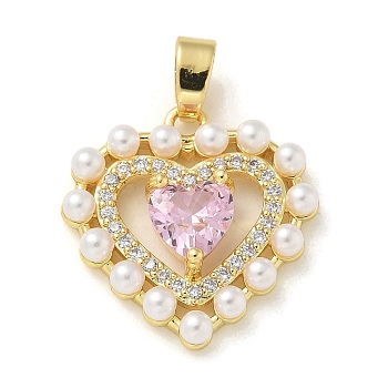 Brass Micro Pave Cubic Zirconia Pendants, with Plastic Imitation Pearl, Real 14K Gold Plated, Heart Charms, Pearl Pink, 18.5x18x4.5mm, Hole: 5x3mm