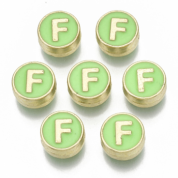 Alloy Enamel Beads, Cadmium Free & Nickel Free & Lead Free, Flat Round with Initial Letters, Light Gold, Letter.F, 8x4mm, Hole: 1.5mm