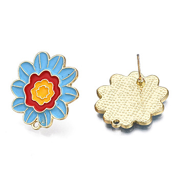 Alloy Enamel Stud Earring Findings, with Iron Pins and Horizontal Loops, Cadmium Free & Nickel Free & Lead Free, Flower, Light Gold, Deep Sky Blue, 24x23mm, Hole: 1.6mm, Pin: 0.7mm