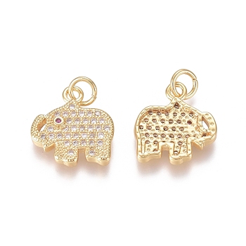 Brass Micro Pave Clear Cubic Zirconia Charms, with Jump Rings, Elephant, Golden, 13.5x12.5x2mm, Jump Ring: 4.5x0.7mm, Inner Diameter: 3mm