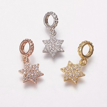 Brass Cubic Zirconia European Dangle Charms, Large Hole Pendants, Star, Clear, Mixed Color, 18.5mm, Hole: 4.5mm, Pendant: 11.5x9.5x1.5mm