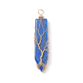 Natural Lapis Lazuli Big Pendants, with Golden Tone Copper Wire Wrapped, Sword with Tree, 63.5x14x10mm, Hole: 4.4mm