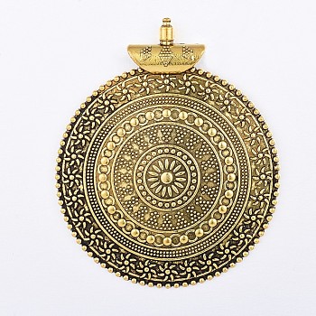 Flat Round Tibetan Style Big Pendants, Antique Golden, 70x58x8mm, Hole: 5mm
