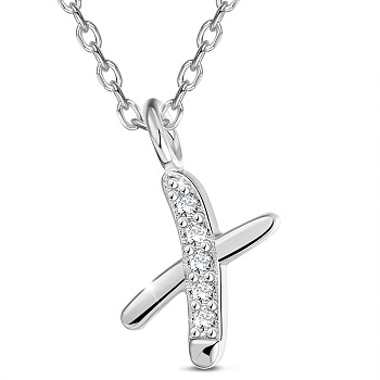 SHEGRACE Rhodium Plated 925 Sterling Silver Initial Pendant Necklaces, with Grade AAA Cubic Zirconia and Cable Chains, Platinum, Letter.X, 15.74 inch(40cm)