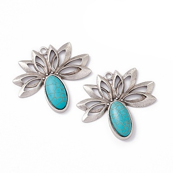 Synthetic Turquoise Oval Big Pendants, Pineapple Charms, with Rack Plating Alloy Lotus Flower Findings, Antique Silver, 48x53x7mm, Hole: 3.5mm