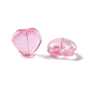 Electroplate Transparent Glass Bead, with Glitter Gold Powder, Heart, Hot Pink, 10x10x5mm, Hole: 1mm